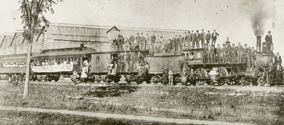 6-090: Heintzman & Co. employees picnic date 1890s or early 1900s Panoramic view of employees posed on Grand Trunk passenger train; Grand Trunk 4-4-0 locomotive no. 334 photographer unknown source Ontario Archives 13917-11 'date acquired' 1980s